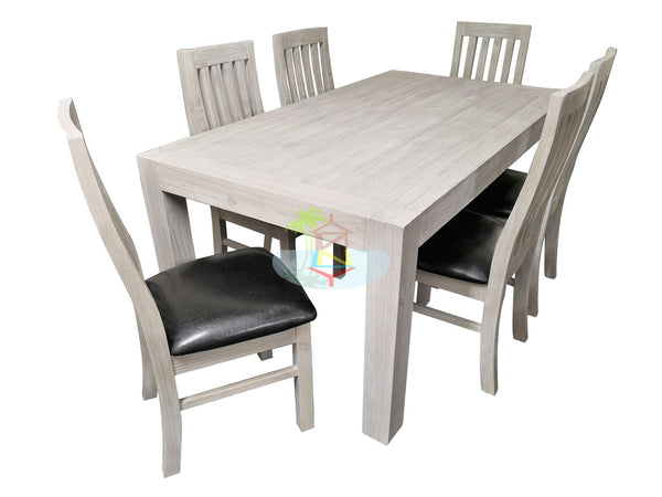 Amanda# NZ Pine White Wash White Wash Dining Suite | 1.8M Table&6 Chairs | LS