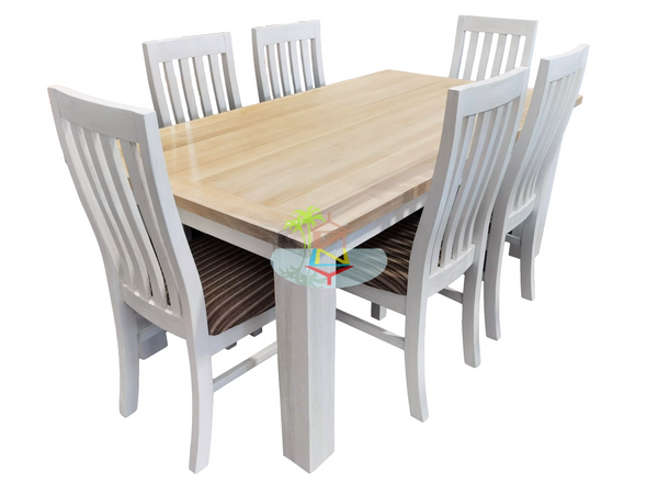 Ashland# Acacia White&Wood Ash Top Dining Suite | 1.5M Table&6 Chairs