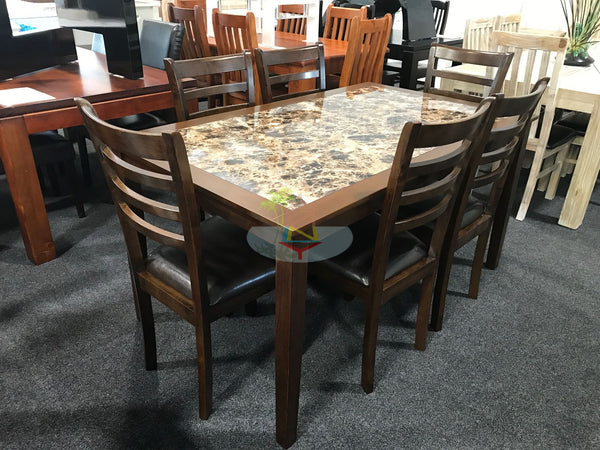Mission# Malaysian Oak  Marble Pattern Dining Suite | 1.5M Table&6 Chairs | Dark color